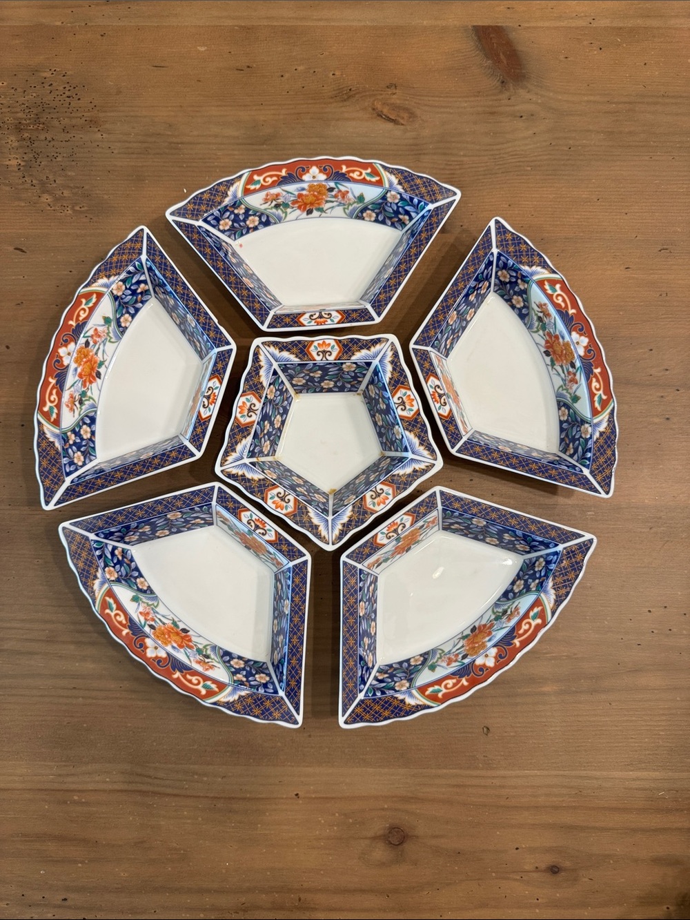 Vintage Imari Style Lazy Susan Server 6 Piece Blue & Orange Scallop Edges
